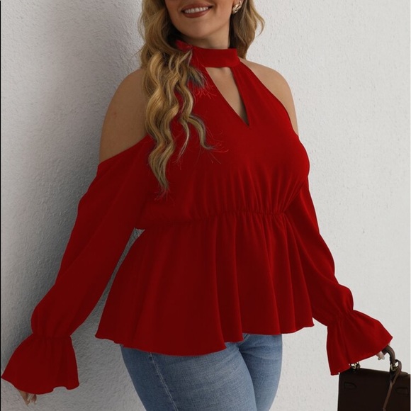 Boho Plus Size Off Shoulder Halter Neck Cut Out Flounce Peplum Top Blouse RED - Picture 1 of 16